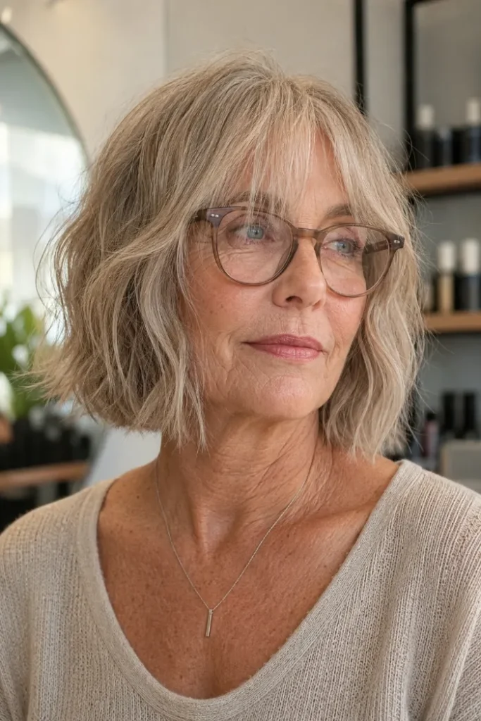 Air-dried wavy bob with long wispy fringe for women over 60 with fine hair and glasses