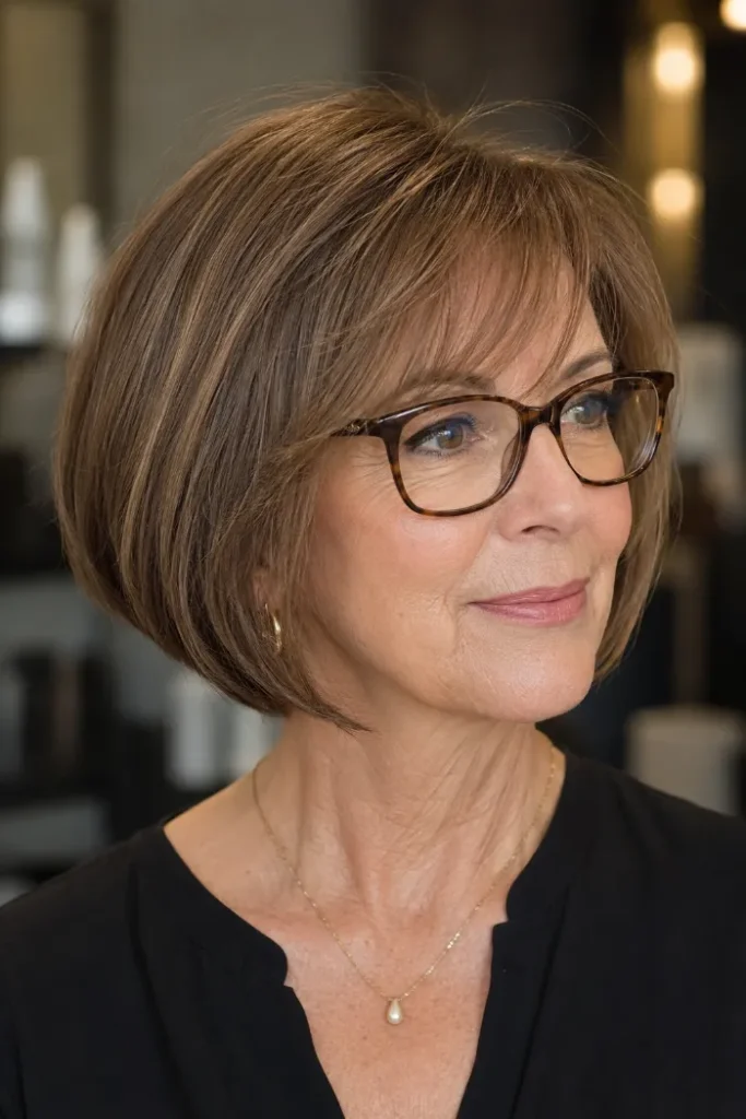 Angled bob with airy side bangs for women over 60 with fine hair and glasses