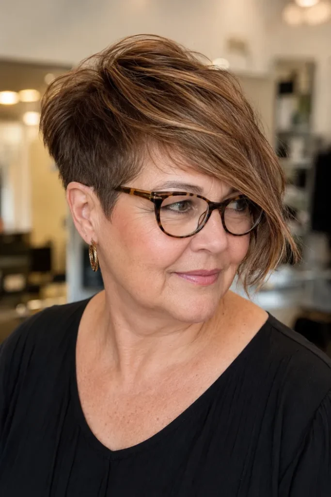 Asymmetrical pixie with long sweeping front for a woman over 60 with glasses