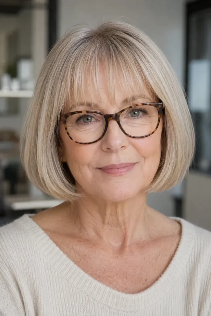 Blunt chin bob with see-through bangs for women over 60 with fine hair and glasses