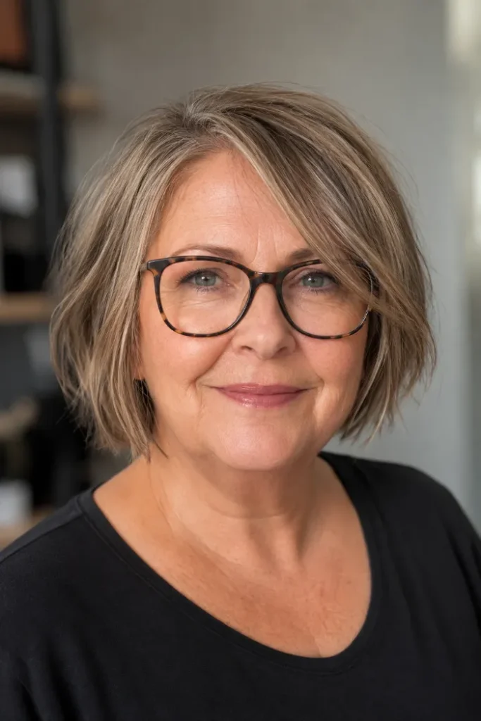 Choppy jaw-grazing bob with an off-center part for a woman over 60 with glasses