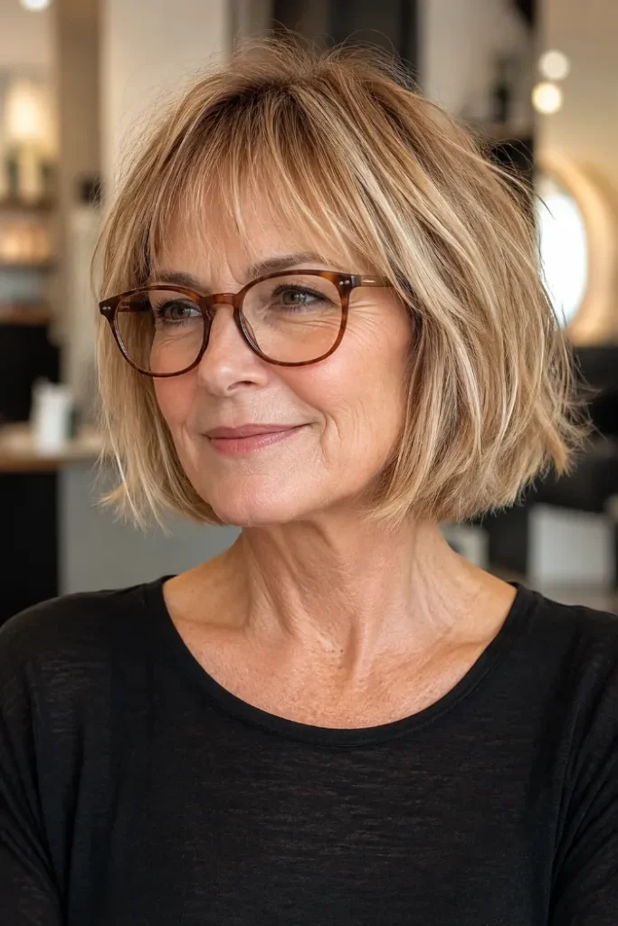 Choppy neck-length bob with broken fringe for women over 60 with fine hair and glasses