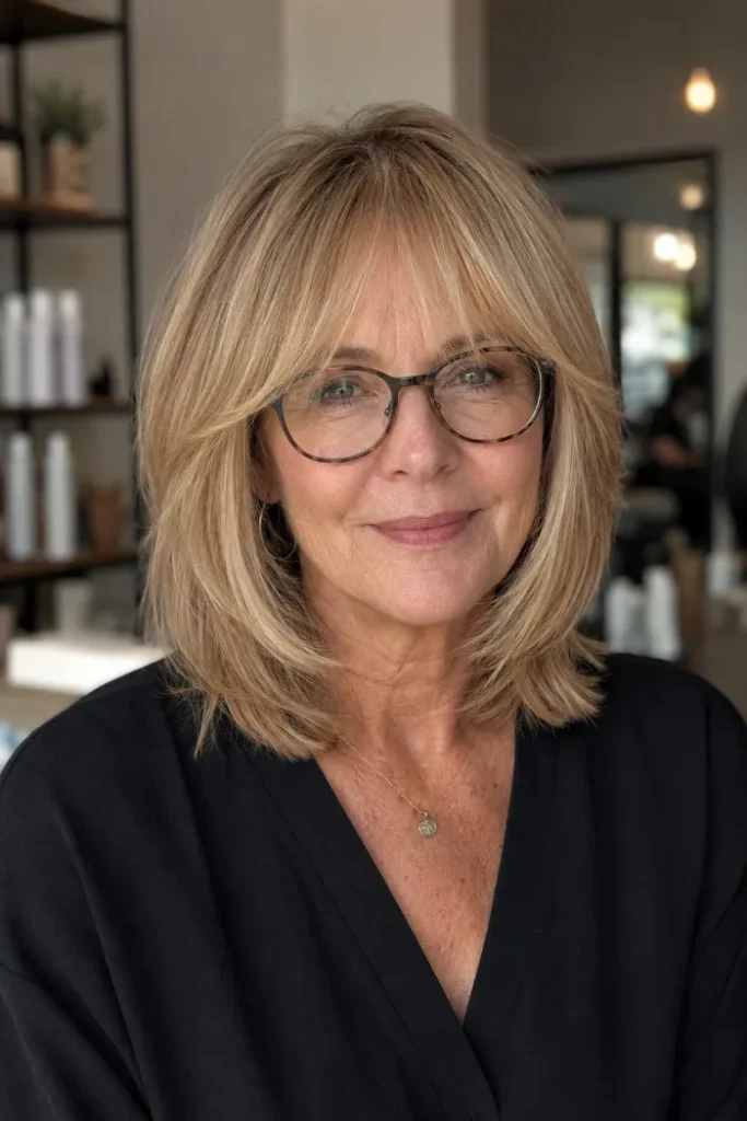 Collarbone mini lob with curtain fringe for women over 60 with fine hair and glasses