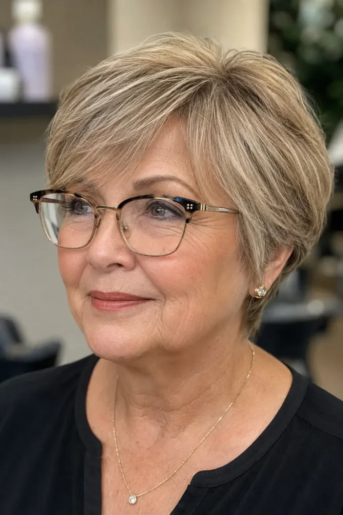 Ear-length layered bob with side-swept bangs for a woman over 60 with glasses