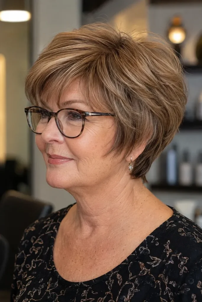 Feathered pixie bob with soft temple layers for a woman over 60 with glasses