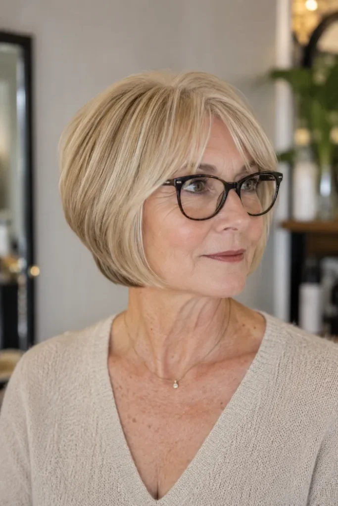 Graduated bob with soft curtain bangs for women over 60 with fine hair and glasses