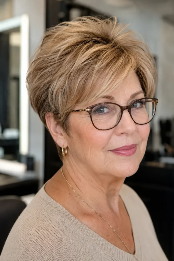 Grown-out pixie with soft volume on top for a woman over 60 with glasses