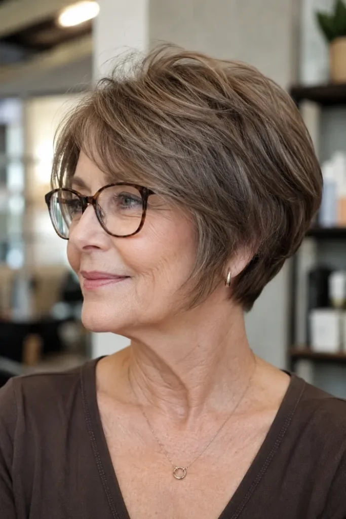 Layered bixie bob with a lifted crown for women over 60 with fine hair and glasses