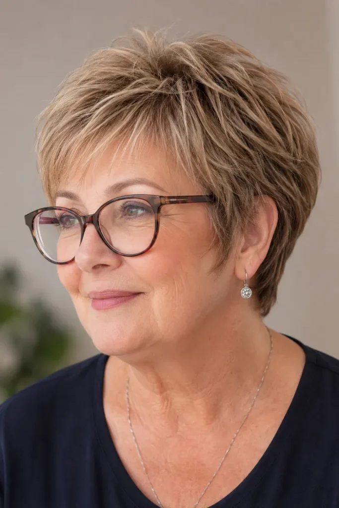 Layered pixie with soft sideburn pieces for a woman over 60 with glasses