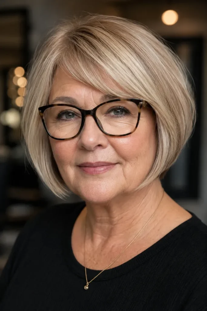 Mini bob with diagonal fringe and beveled ends for a woman over 60 with glasses