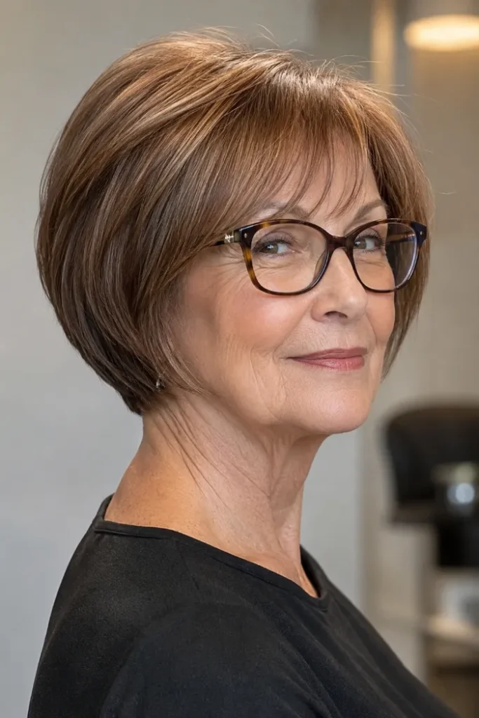 Polished neck bob with a tapered nape for women over 60 with fine hair and glasses