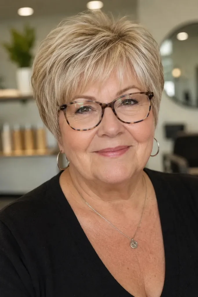 Rounded bixie with wispy fringe for a woman over 60 with glasses
