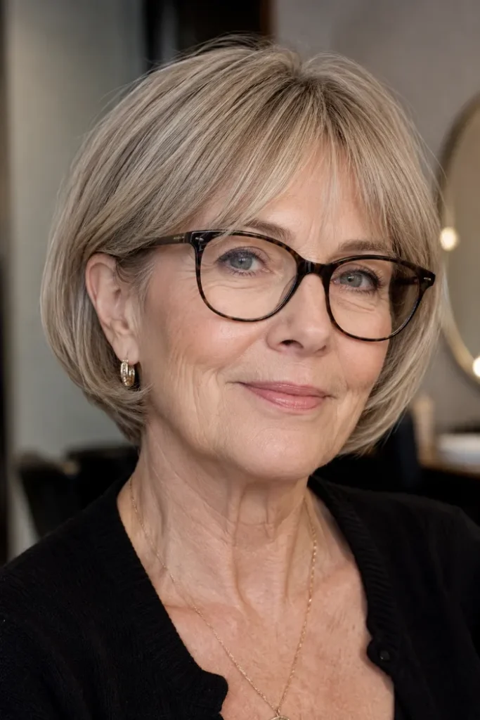 Rounded ear-tuck bob with micro layers for women over 60 with fine hair and glasses