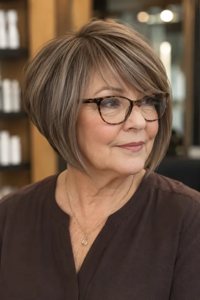 Short angled bob with side bangs for a woman over 60 with glasses