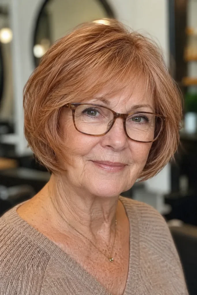 Short bob with feathered side panels for women over 60 with fine hair and glasses