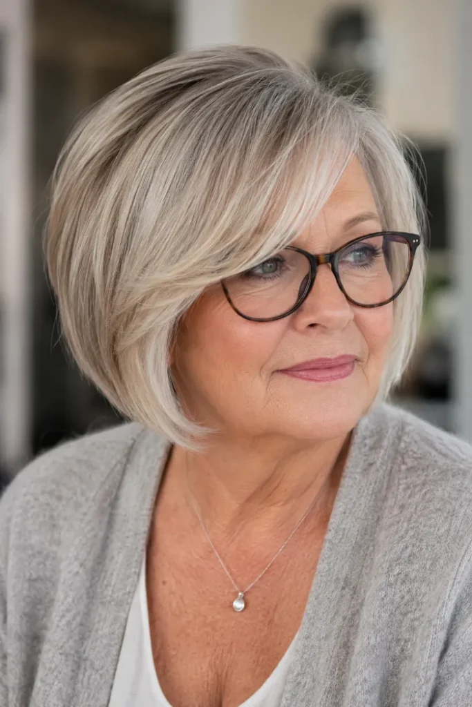 Short curved bob with long side fringe for a woman over 60 with glasses