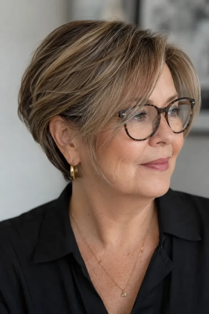Short layered bob tucked behind one ear for a woman over 60 with glasses