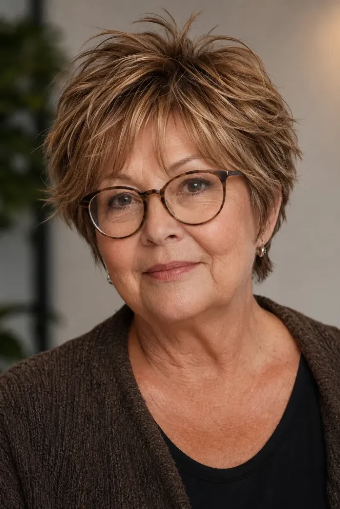 Short shaggy pixie with curtain fringe for a woman over 60 with glasses