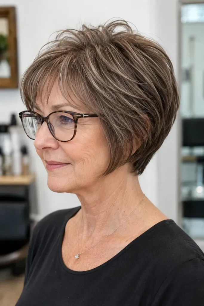 Short stacked bob with feathered crown layers for women over 60 with fine hair and glasses