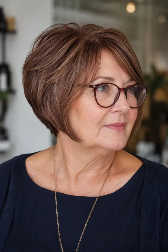 Short stacked bob with slim side layers for a woman over 60 with glasses