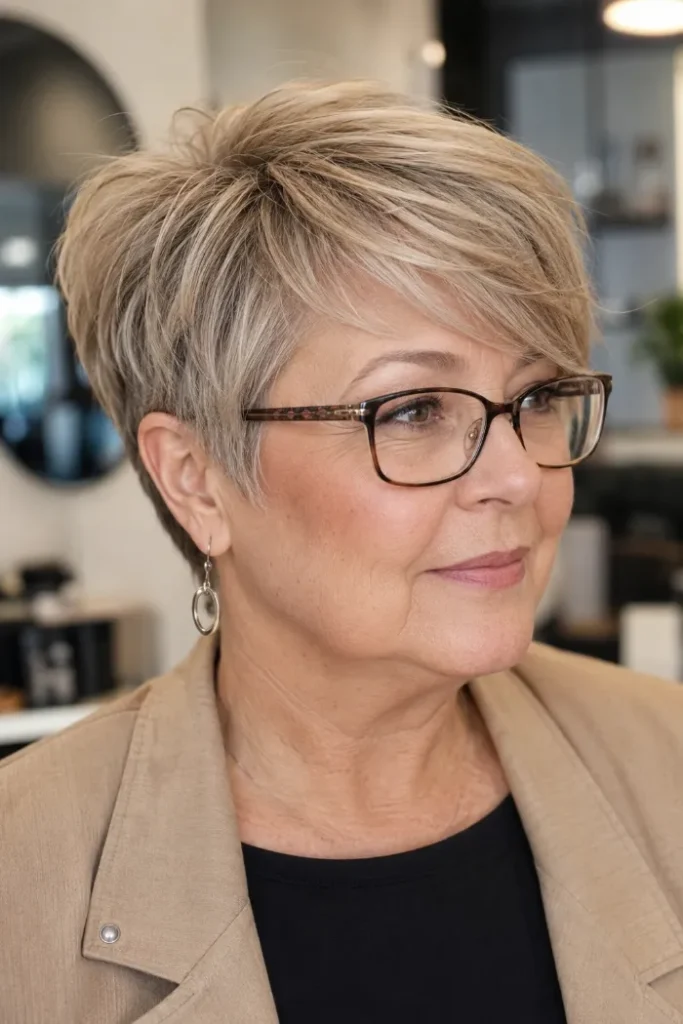 Side-swept tapered pixie with a lifted crown for a woman over 60 with glasses