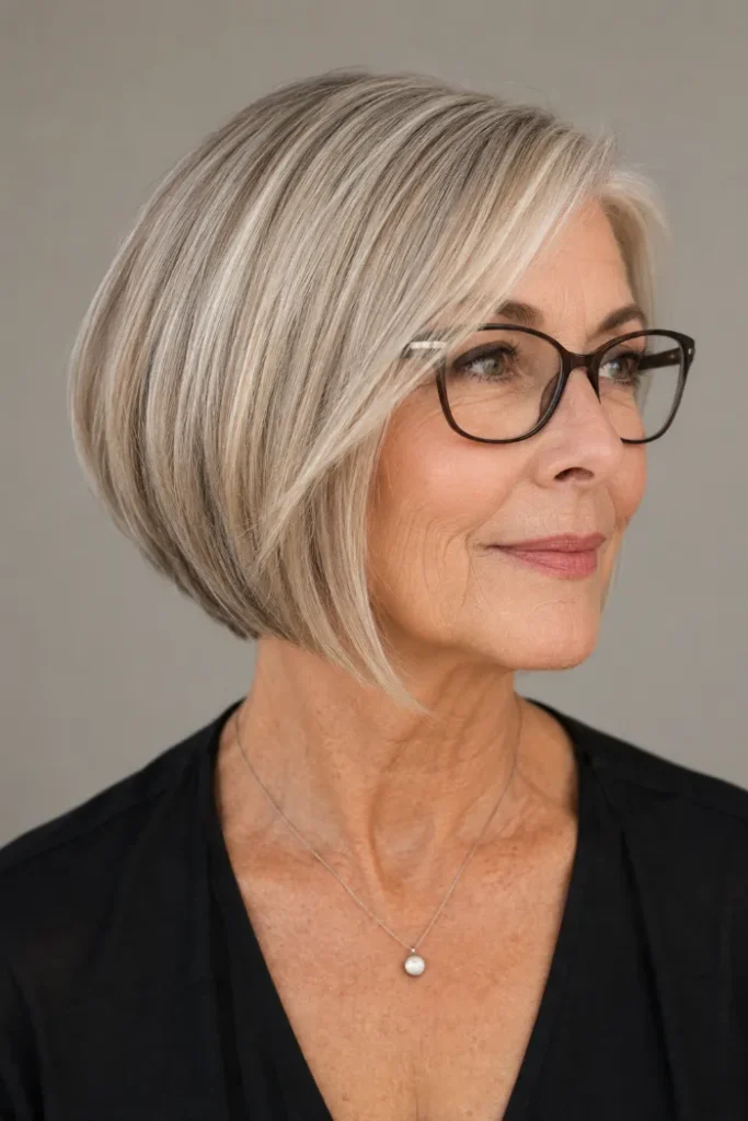 Sleek A-line bob with long face-framing pieces for women over 60 with fine hair and glasses