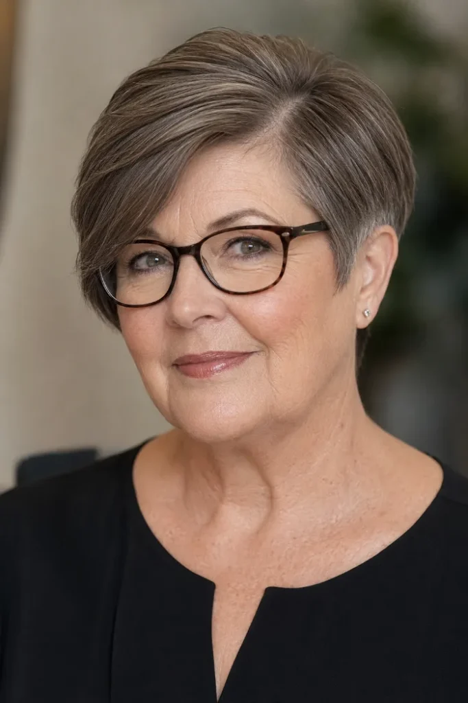 Sleek tapered crop with a side part for a woman over 60 with glasses