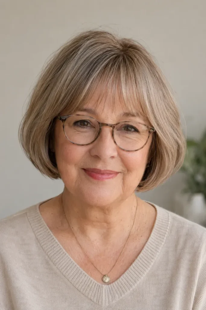 Soft French bob with airy brow fringe for a woman over 60 with glasses