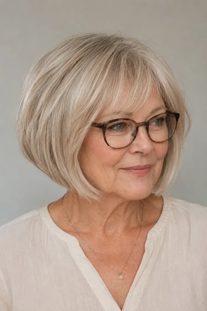 Soft inverted bob with piecey texture for women over 60 with fine hair and glasses