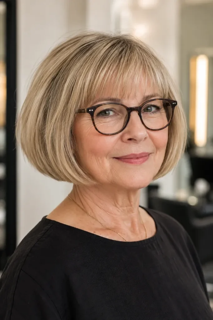 Soft jaw-length French bob with wispy brow fringe for women over 60 with fine hair and glasses