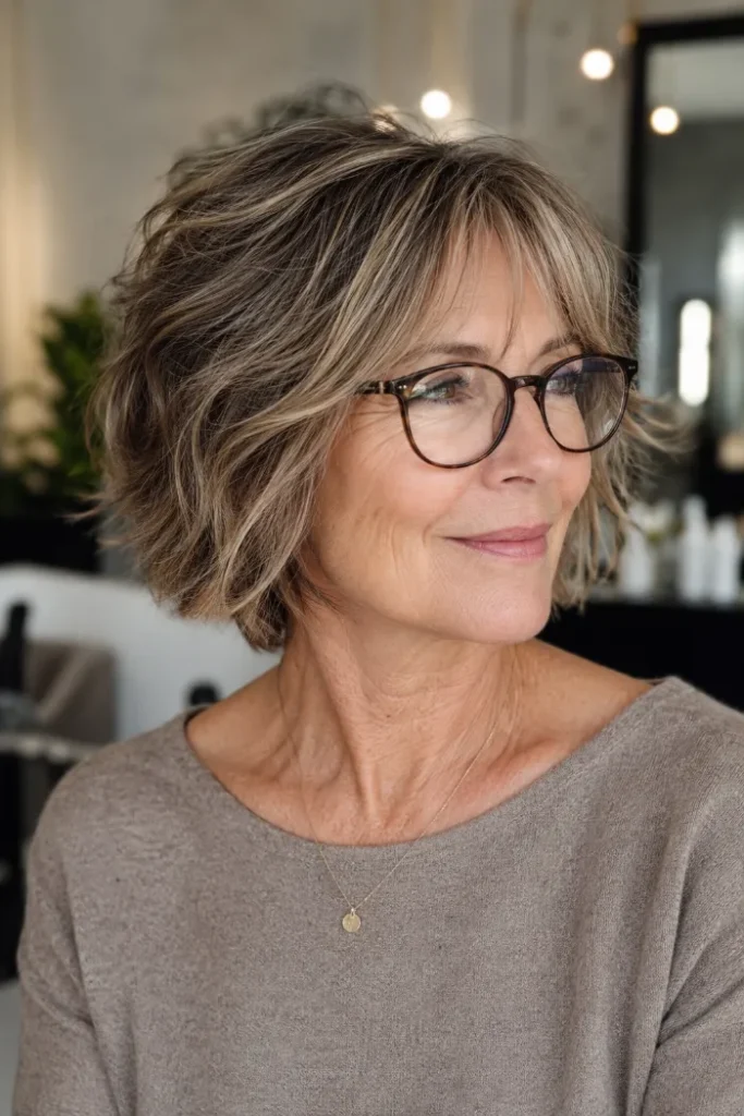 Soft shaggy bob with a wispy face frame for women over 60 with fine hair and glasses