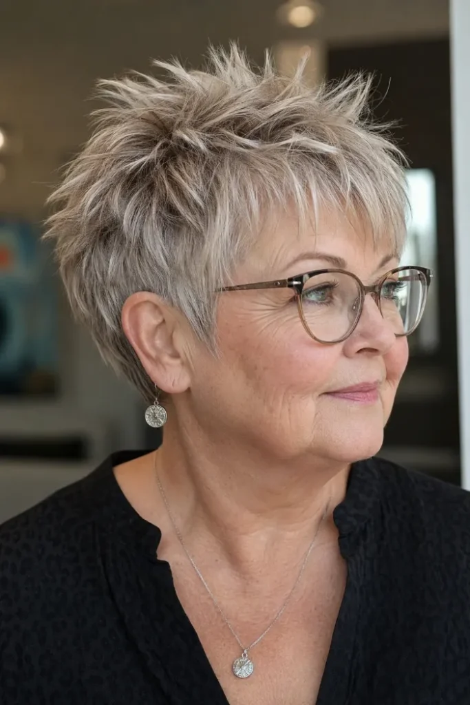 Soft spiky pixie with a rounded nape for a woman over 60 with glasses
