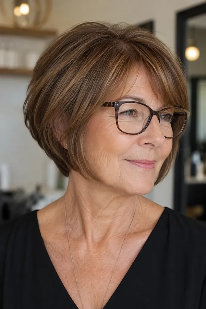Soft wedge bob with side-parted fringe for women over 60 with fine hair and glasses