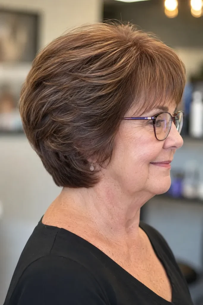 Soft wedge cut with a feathered front for a woman over 60 with glasses