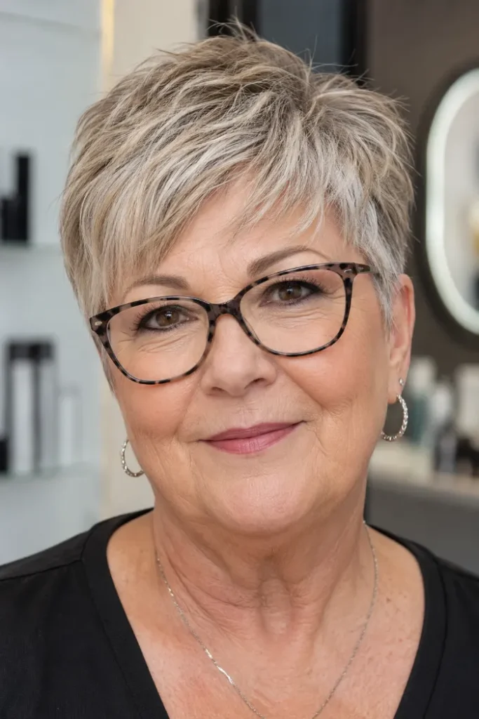 Textured crop with piecey side fringe for a woman over 60 with glasses