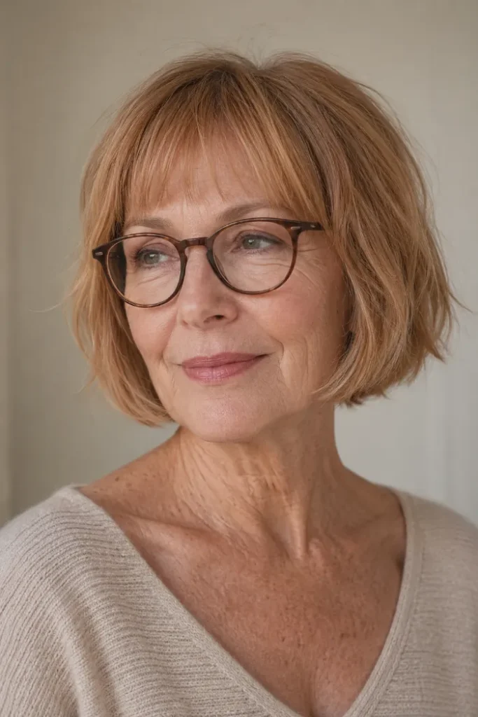 Textured French bob with soft baby bangs for women over 60 with fine hair and glasses