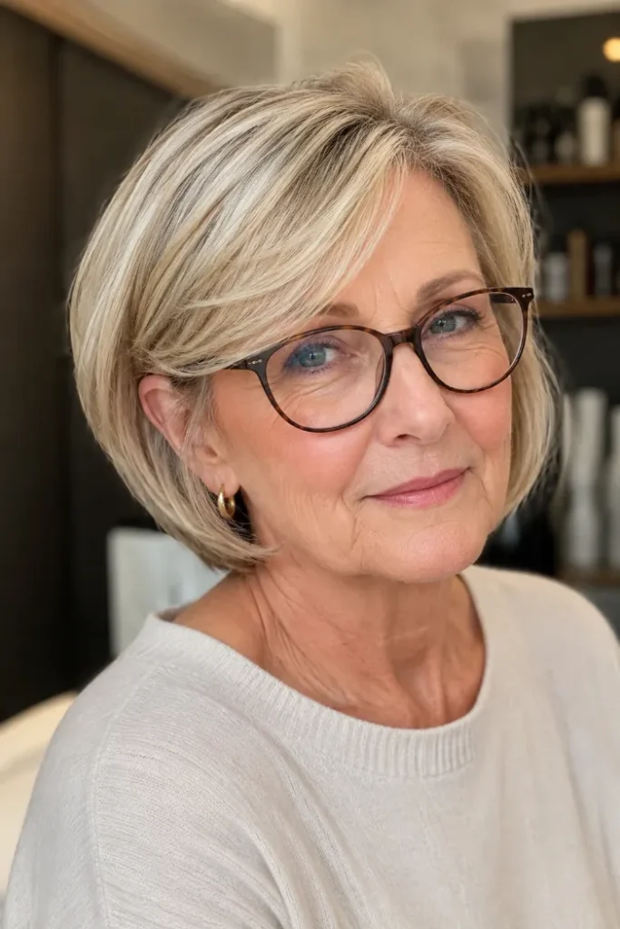 Tucked chin bob with side-swept fringe for women over 60 with fine hair and glasses