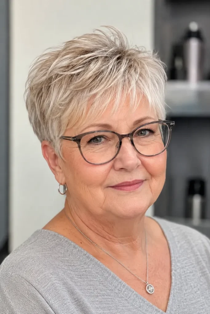 Wispy pixie with soft crown texture for a woman over 60 with glasses